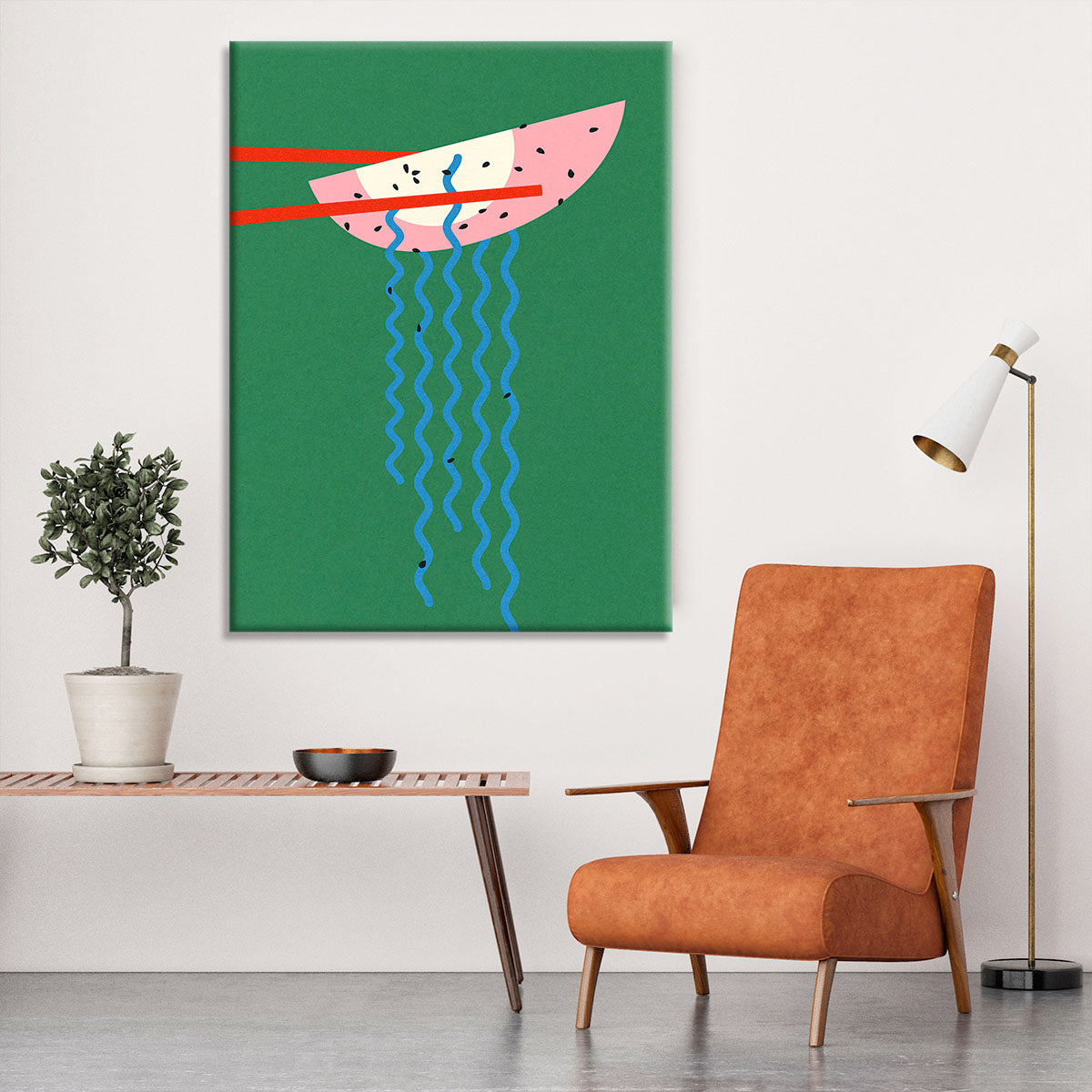 A vibrant canvas print featuring Hollywood Ramen, showcasing colorful noodles and iconic Hollywood elements.