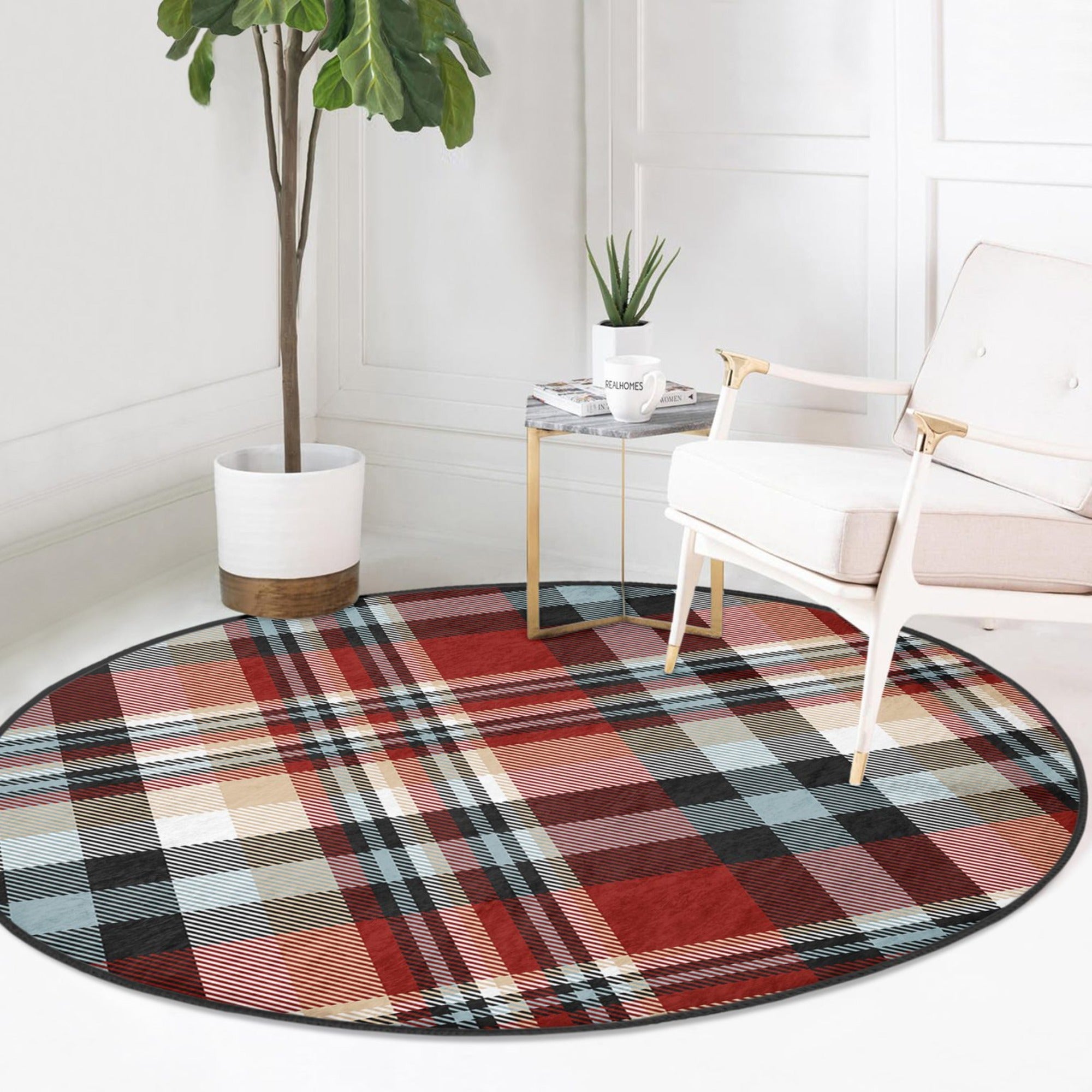 Home Decorative Plaid Washable Round Rug featuring a classic plaid pattern in soft velvet fabric, perfect for enhancing home decor.