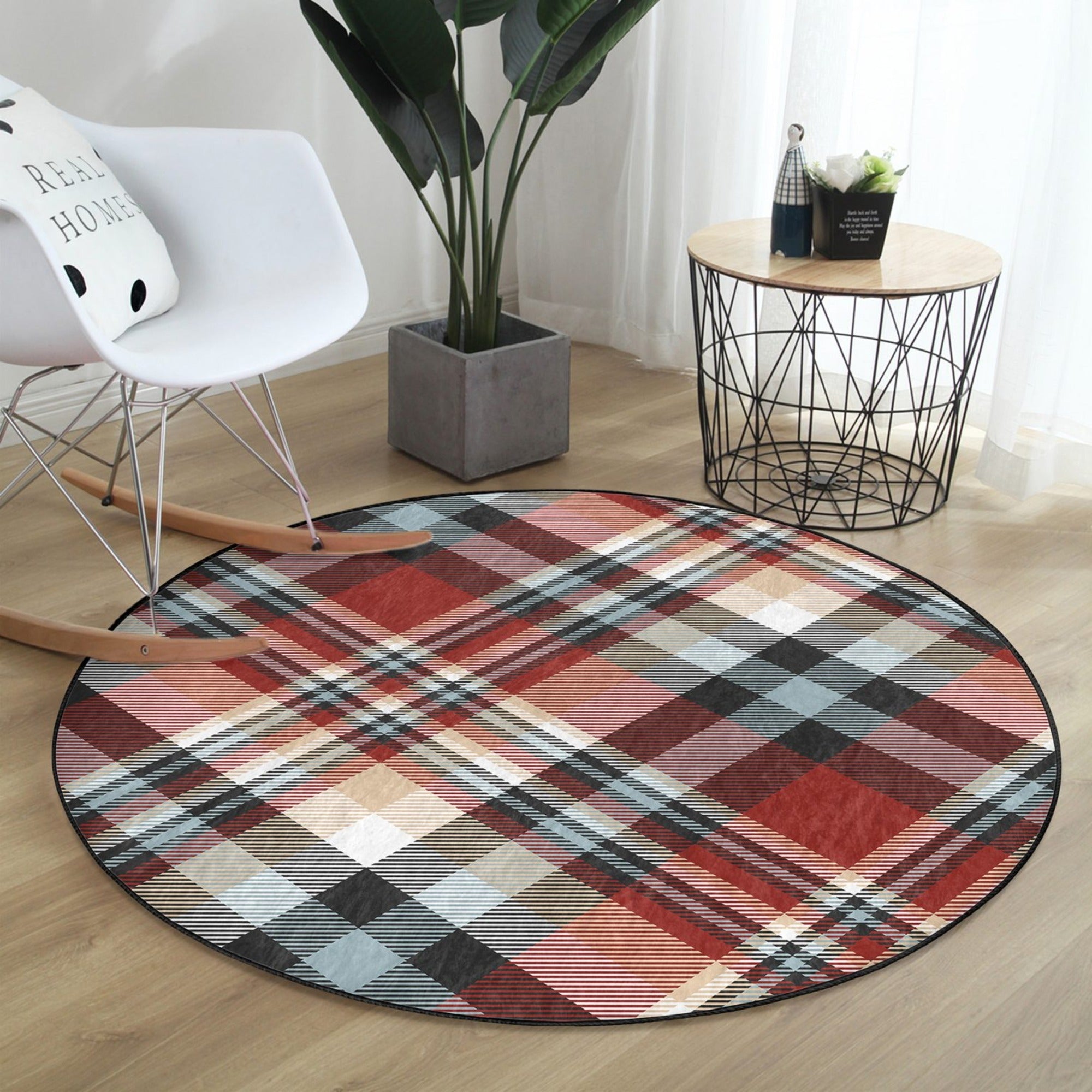 Home Decorative Plaid Washable Round Rug featuring a classic plaid pattern in soft velvet fabric, perfect for enhancing home decor.