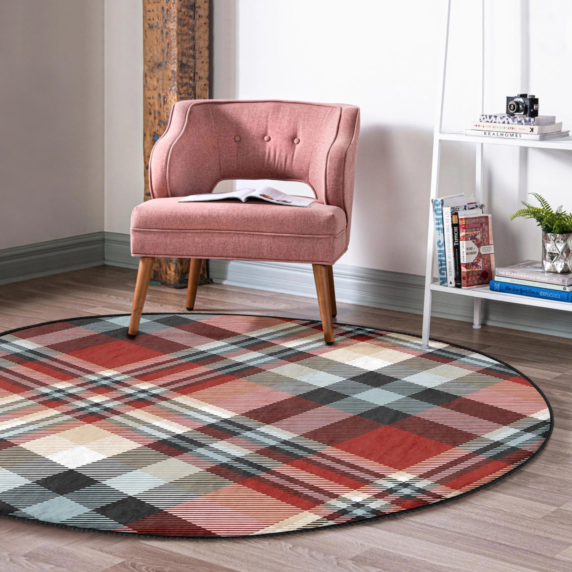 Home Decorative Plaid Washable Round Rug featuring a classic plaid pattern in soft velvet fabric, perfect for enhancing home decor.