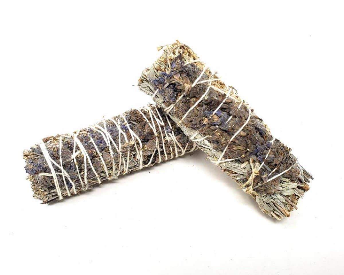 Blue Sage & Lavender Smudge Stick in organza bag, perfect for home fragrance and meditation.