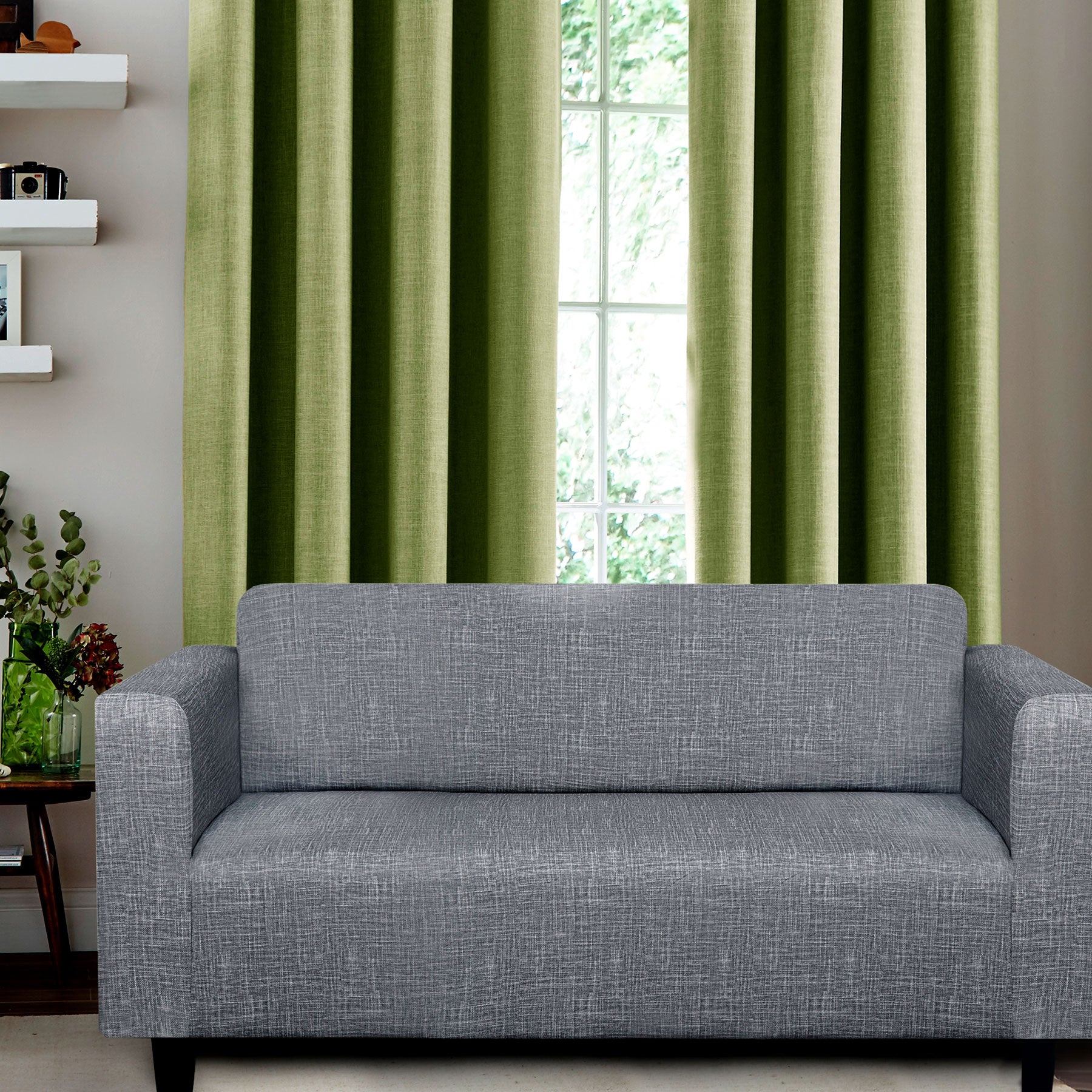 Home Innovations Easy Fit Sofa Cover for 3-seater in grey with abstract print design, protecting furniture from stains and pets.