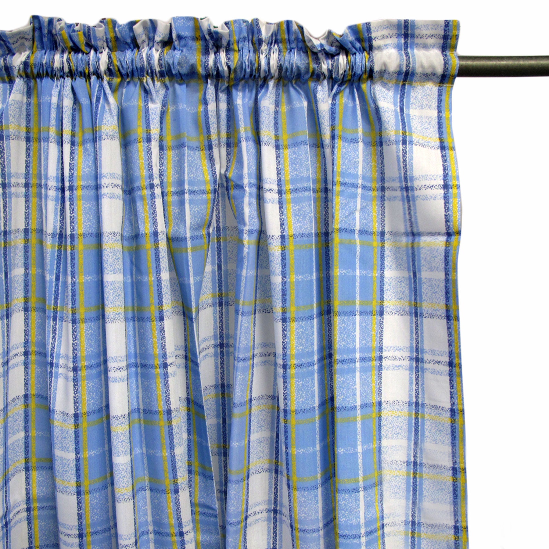 A pair of blue checkered curtains featuring floral designs, made from polyester cotton, hanging elegantly in a bright room.