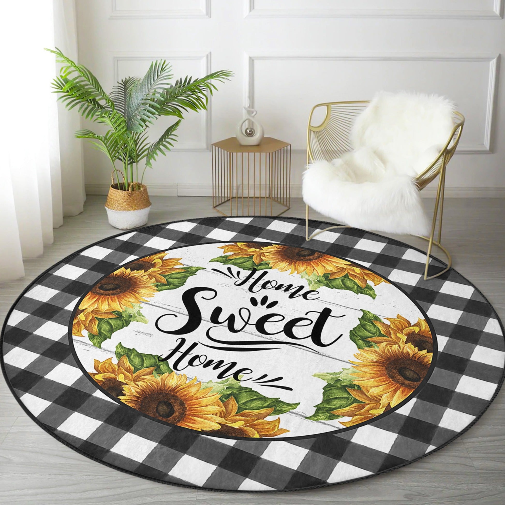 Home Sweet Home Fall Season Washable Round Rug featuring soft shiny velvet fabric in warm autumn colors, perfect for home decor.
