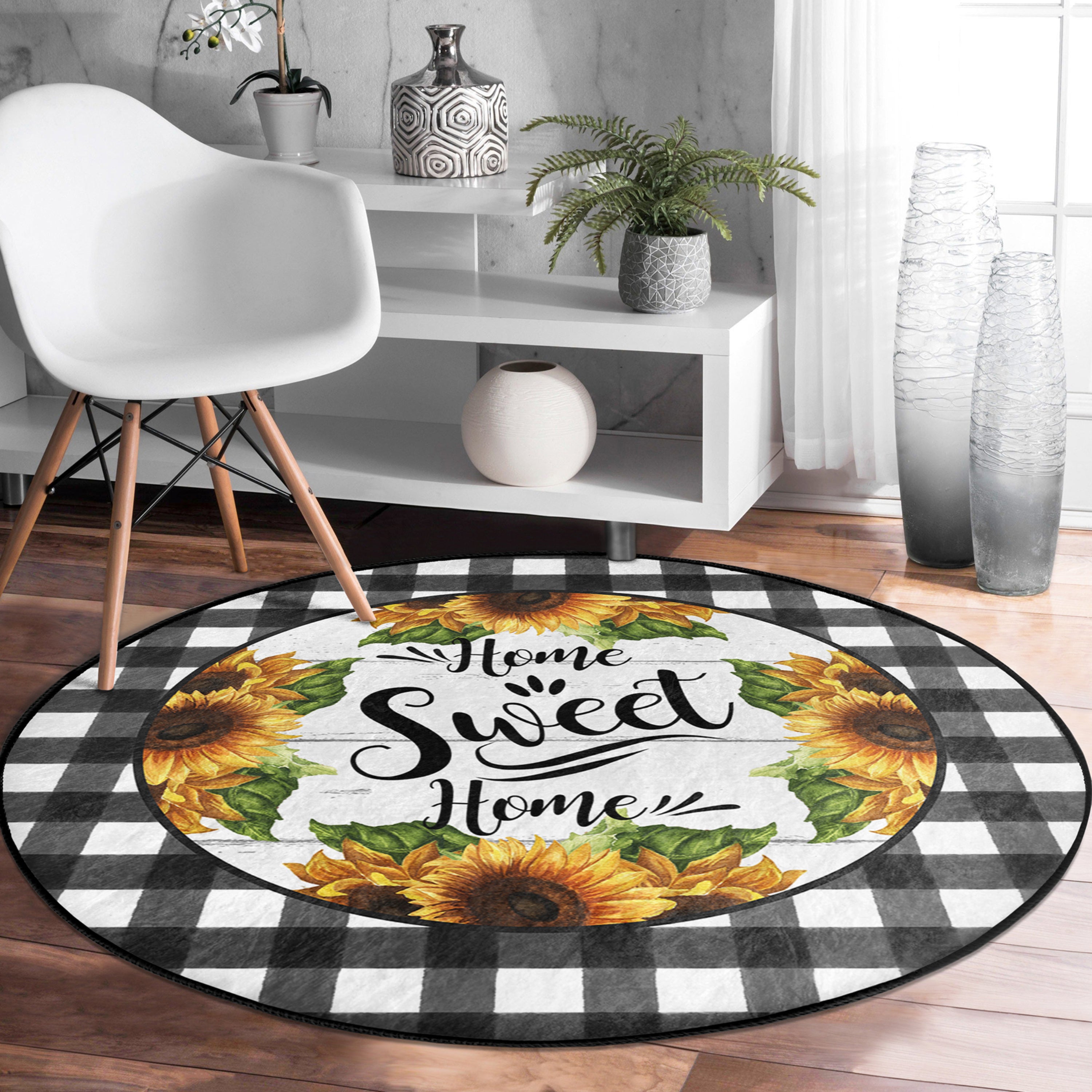 Home Sweet Home Fall Season Washable Round Rug featuring soft shiny velvet fabric in warm autumn colors, perfect for home decor.