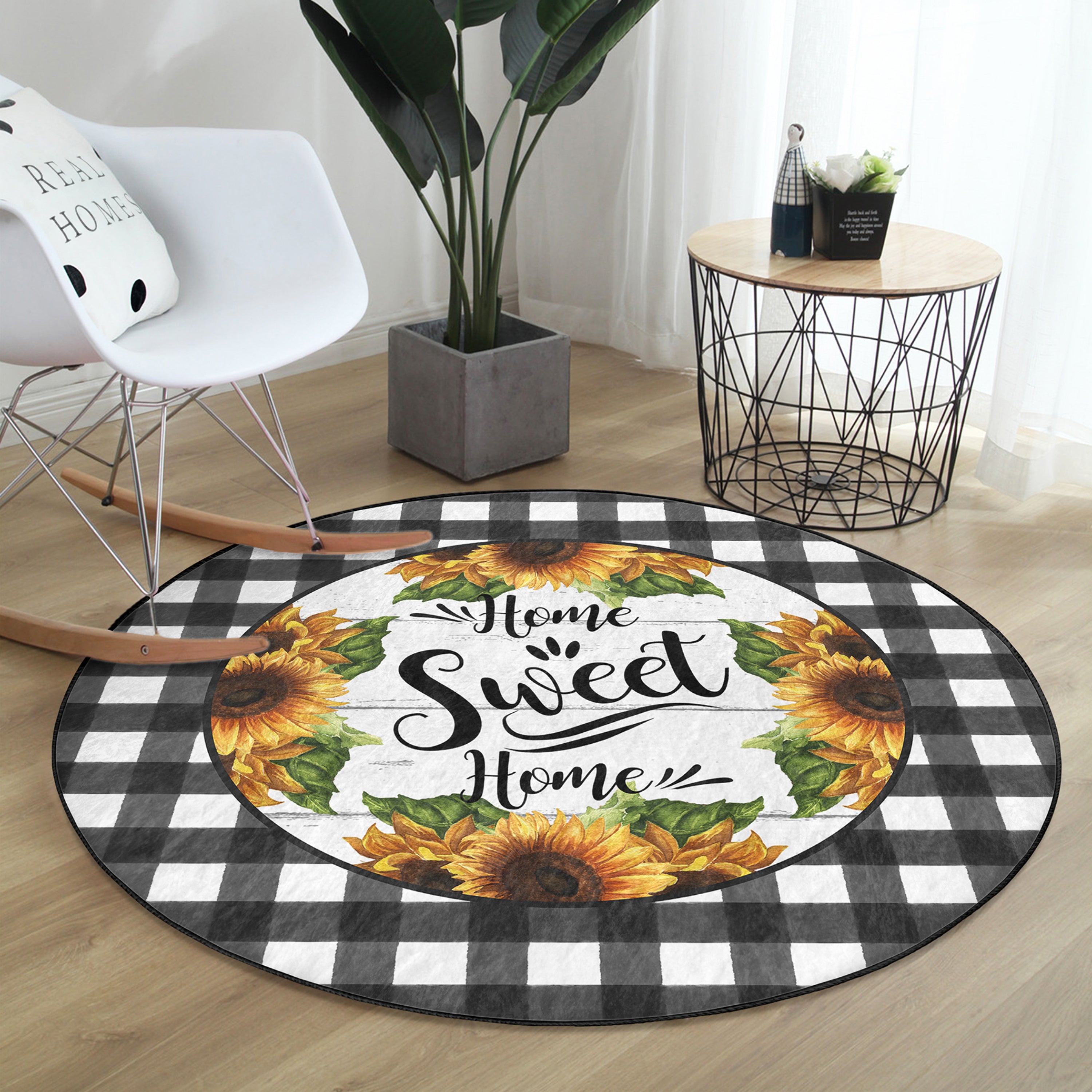 Home Sweet Home Fall Season Washable Round Rug featuring soft shiny velvet fabric in warm autumn colors, perfect for home decor.