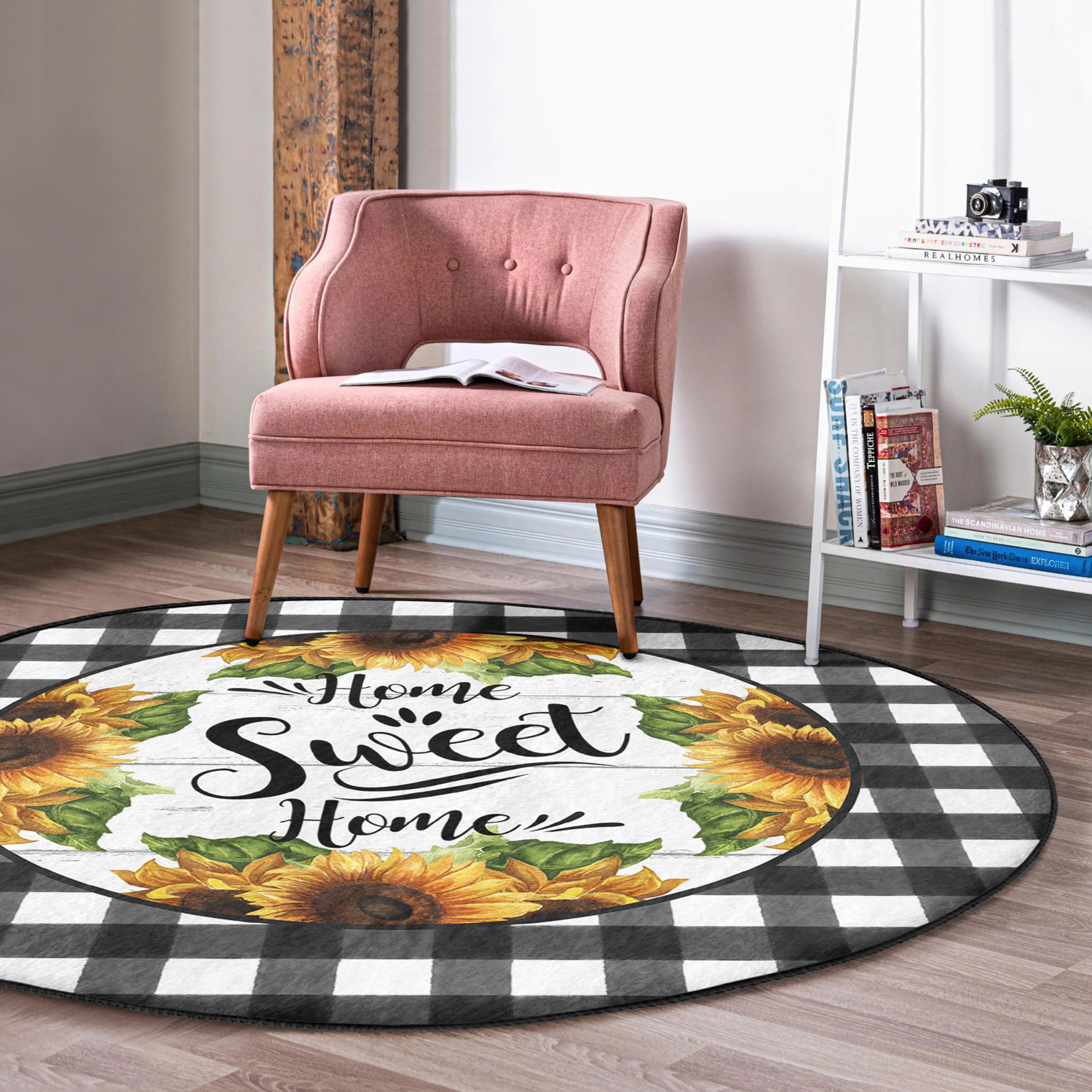 Home Sweet Home Fall Season Washable Round Rug featuring soft shiny velvet fabric in warm autumn colors, perfect for home decor.