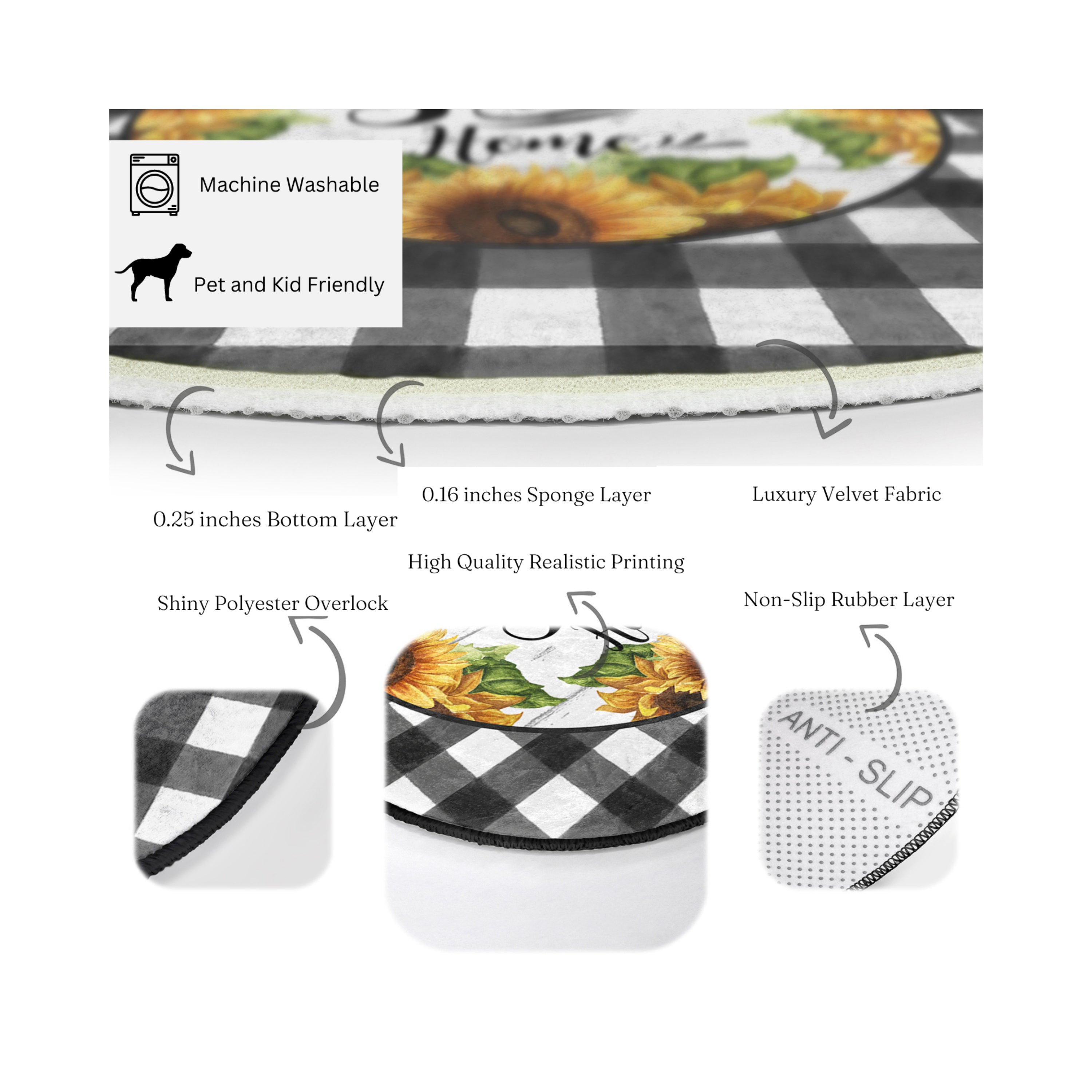 Home Sweet Home Fall Season Washable Round Rug featuring soft shiny velvet fabric in warm autumn colors, perfect for home decor.