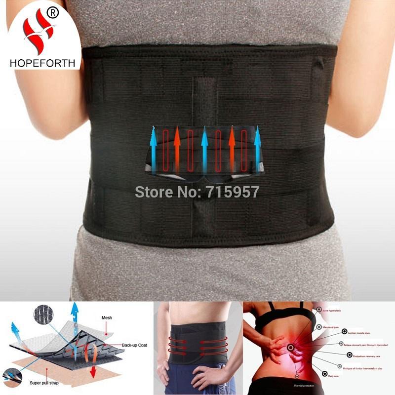 Hopeforth Lumbar Support Brace in black, designed for comfort and support with breathable mesh and magnetic therapy features.