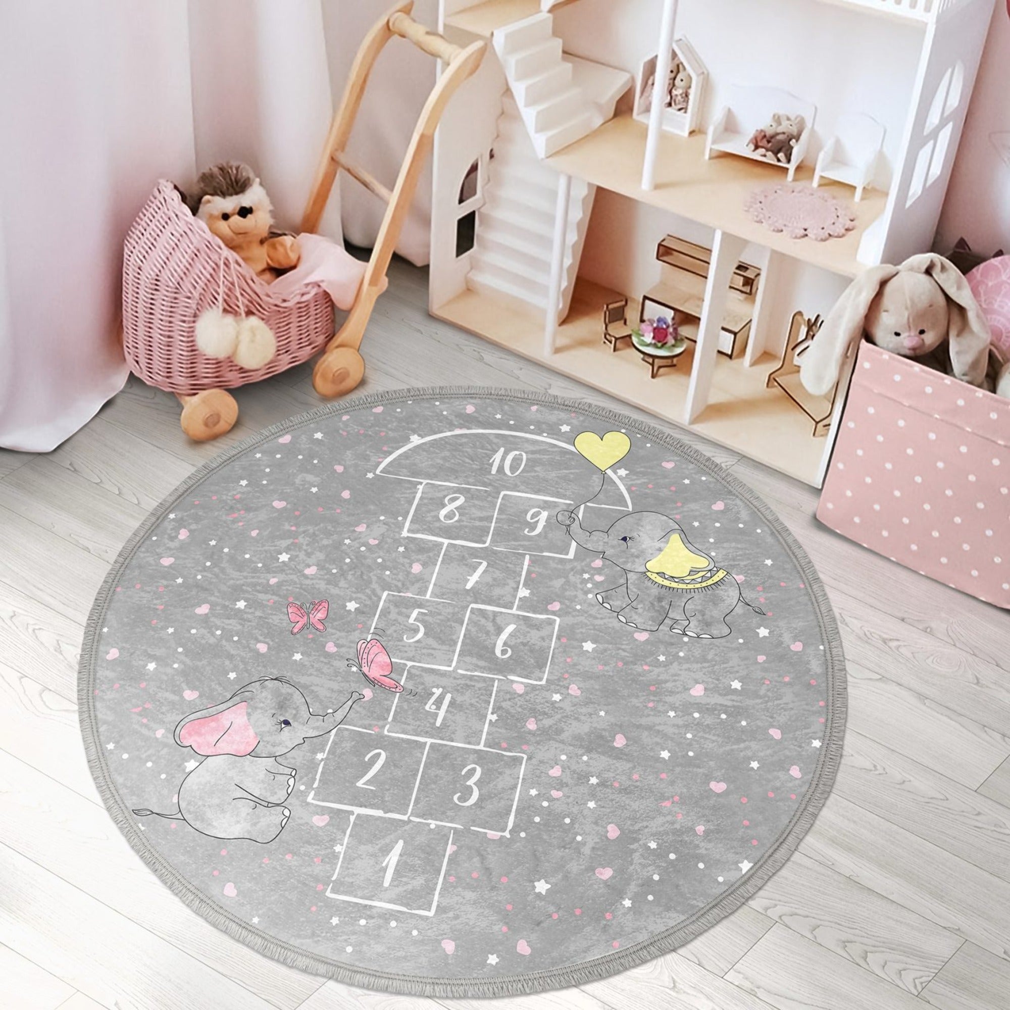 Colorful hopscotch printed round rug for kids' rooms, made of soft velvet fabric with fringes.