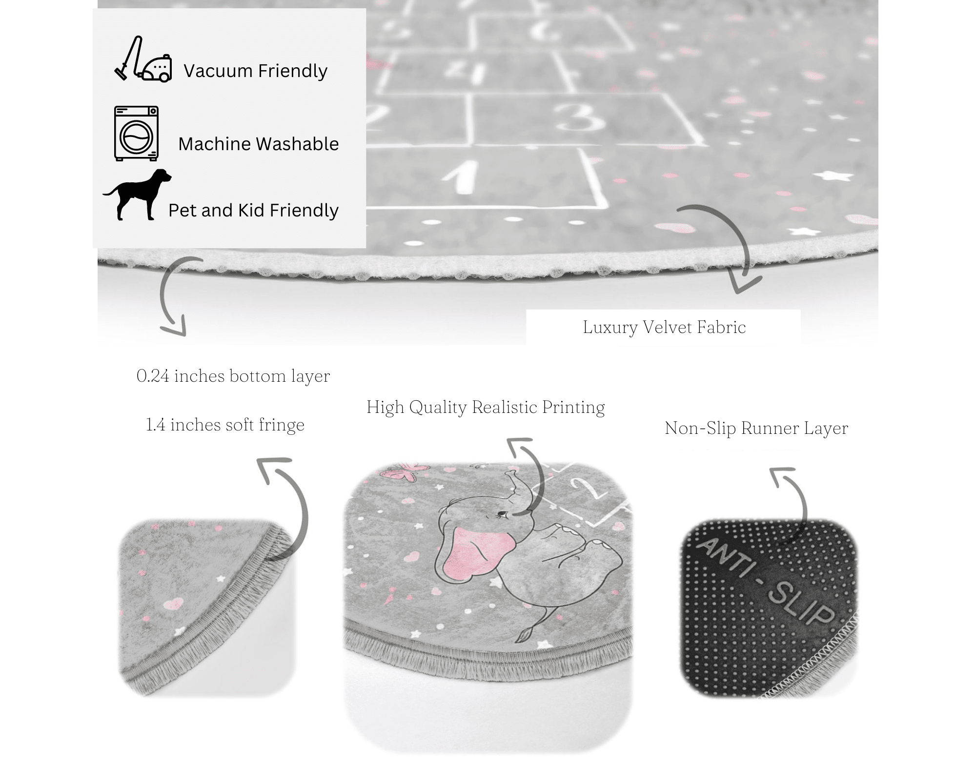 Colorful hopscotch printed round rug for kids' rooms, made of soft velvet fabric with fringes.