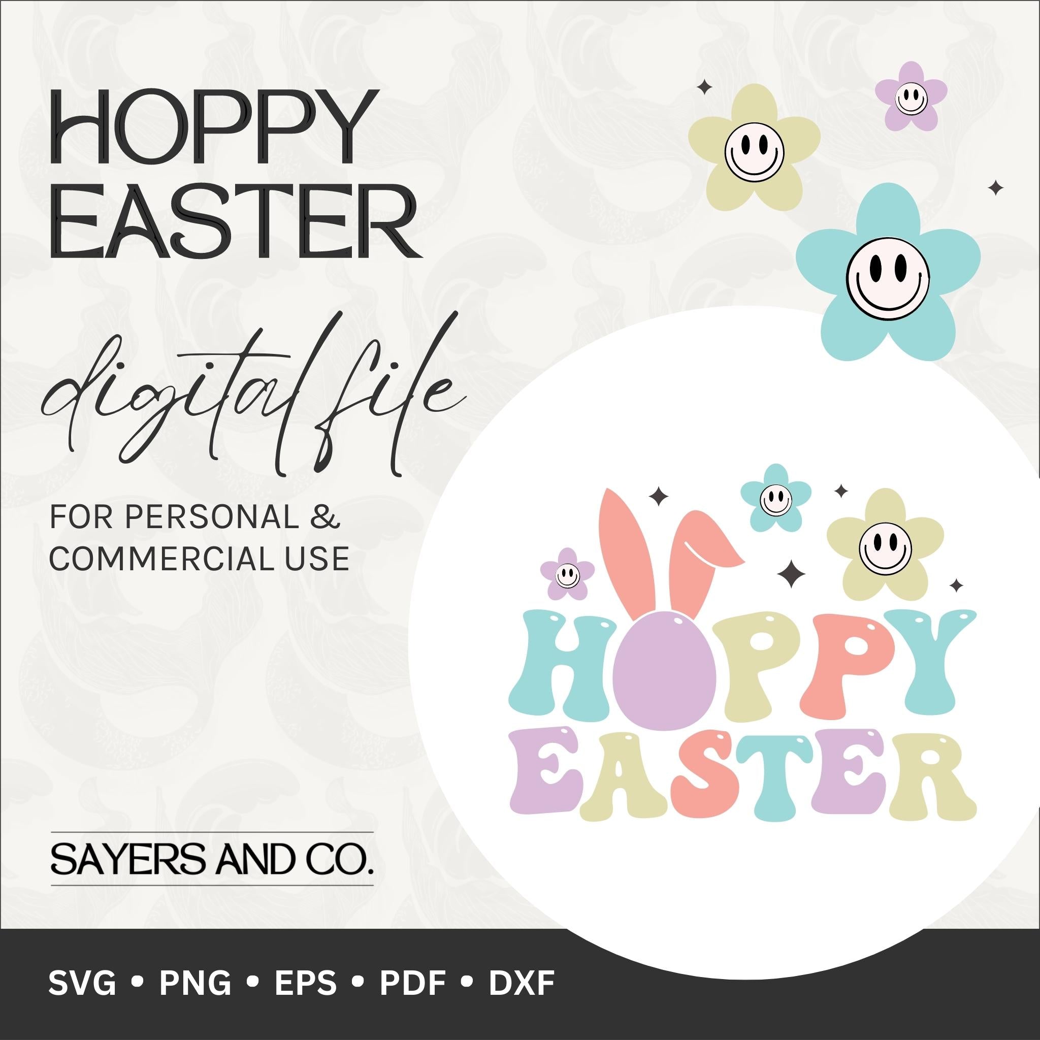Colorful Hoppy Easter digital files showcasing various designs for cups and gifts, available in multiple formats.