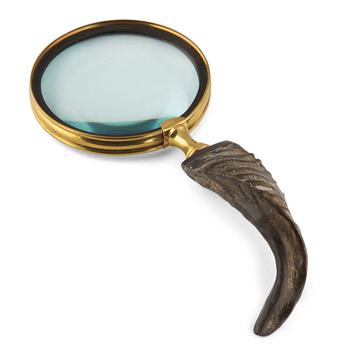 Horn Handle 75mm Magnifying Glass with antique brass finish and brown horn handle, showcasing its elegant design.