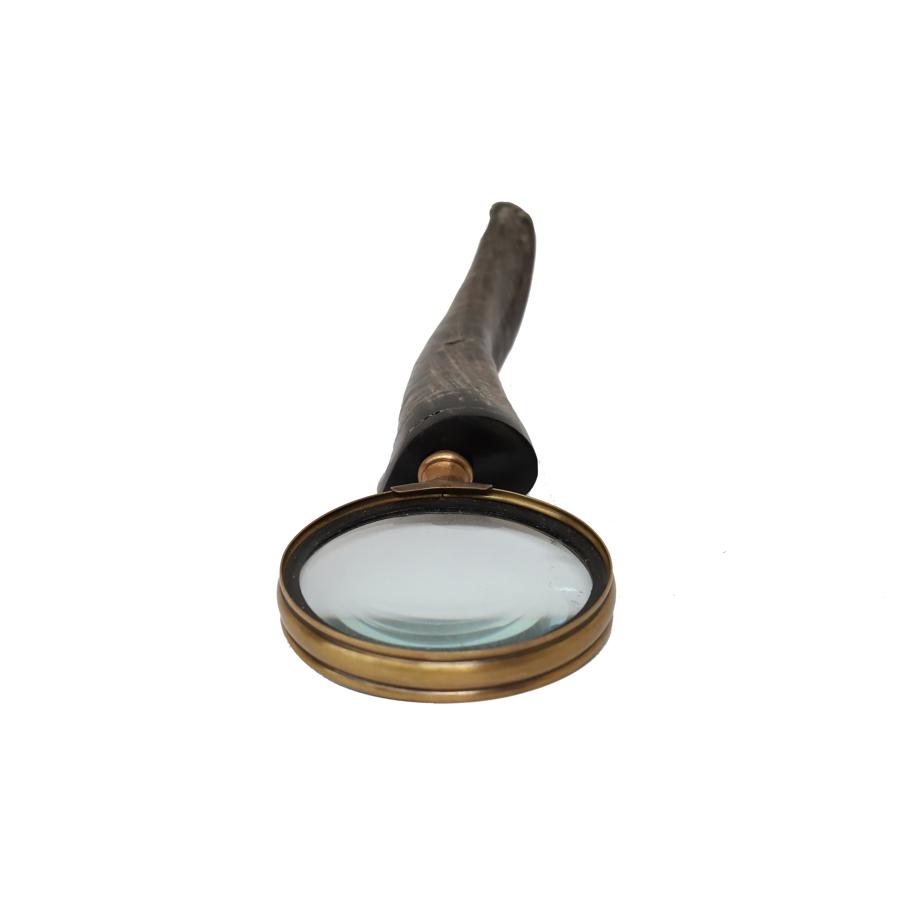 Horn Handle 75mm Magnifying Glass with antique brass finish and brown horn handle, showcasing its elegant design.