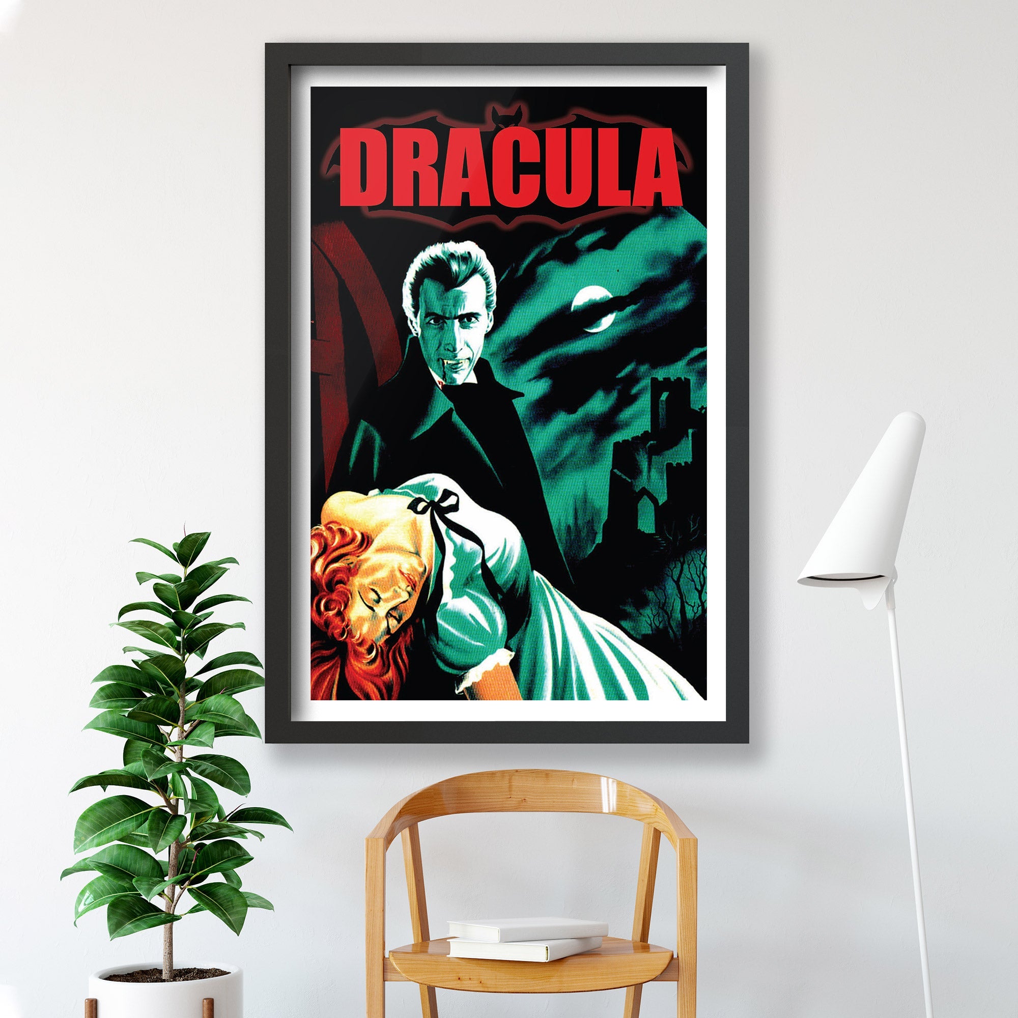 A striking Dracula cover poster wall art featuring gothic imagery and vibrant colors, perfect for horror enthusiasts.