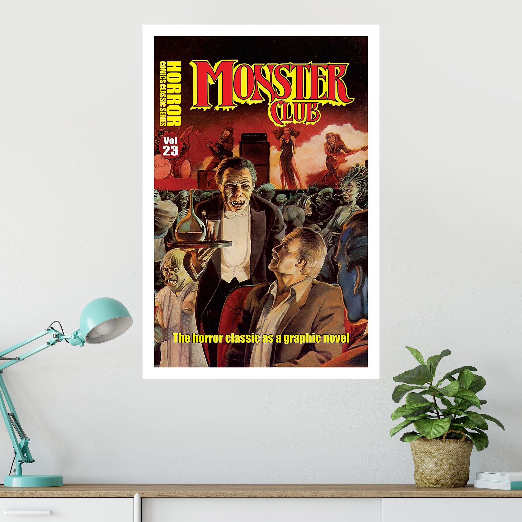 A vibrant horror line monster club poster wall art featuring various spooky monsters in a colorful design, perfect for home decor.