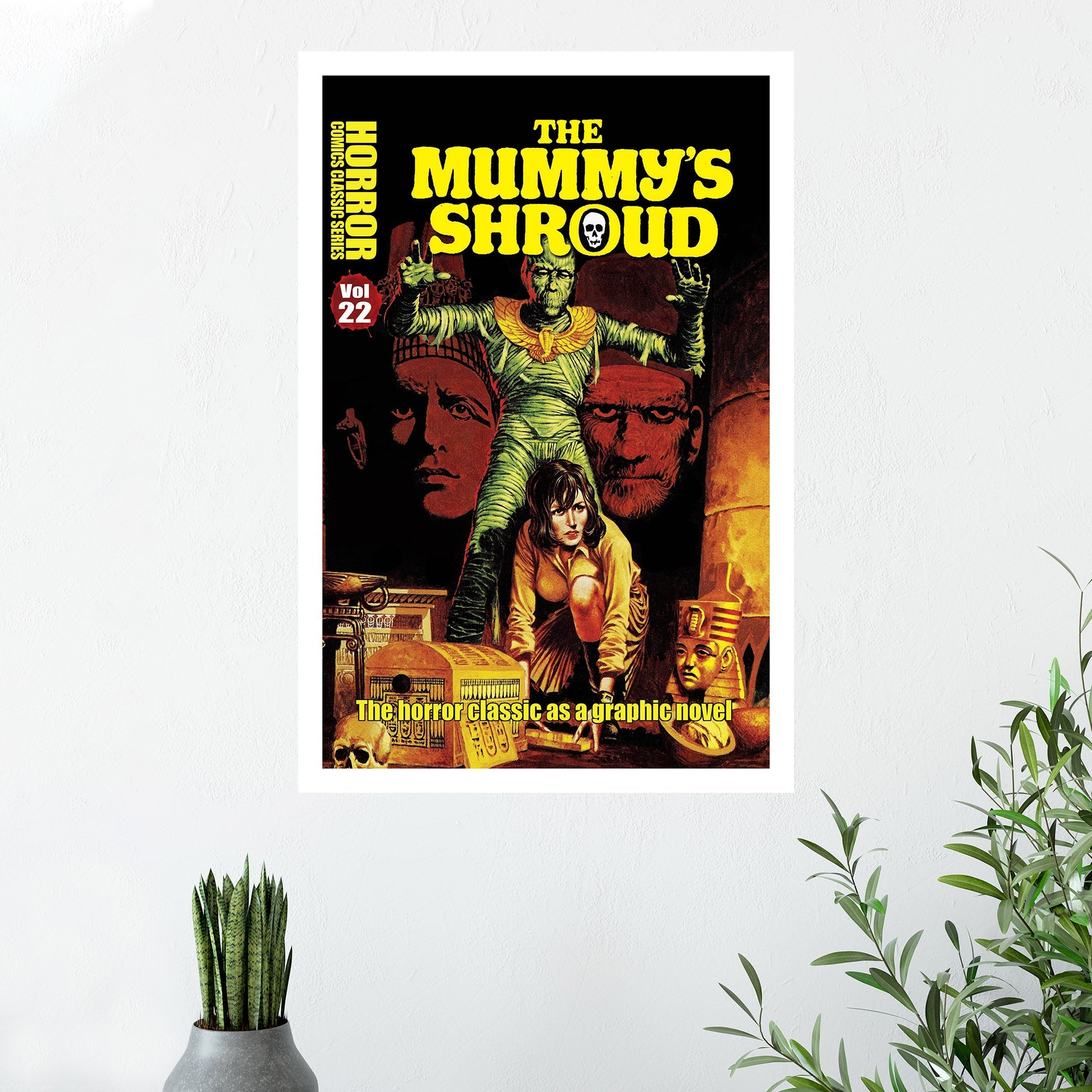 A detailed horror-themed poster featuring a mummy's shroud, perfect for wall art enthusiasts.