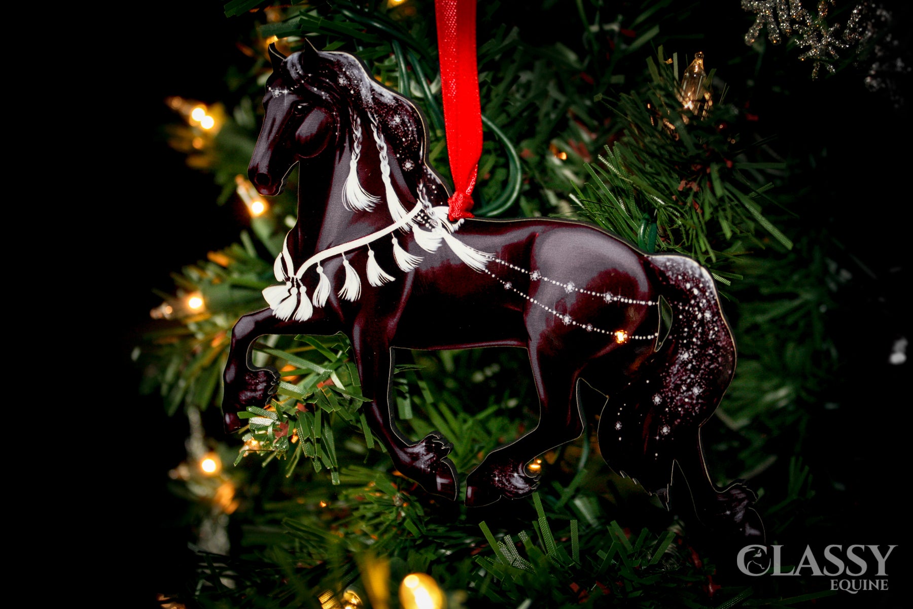 Friesian horse Christmas ornament with white decorations, handmade from composite wood, perfect for holiday decor.