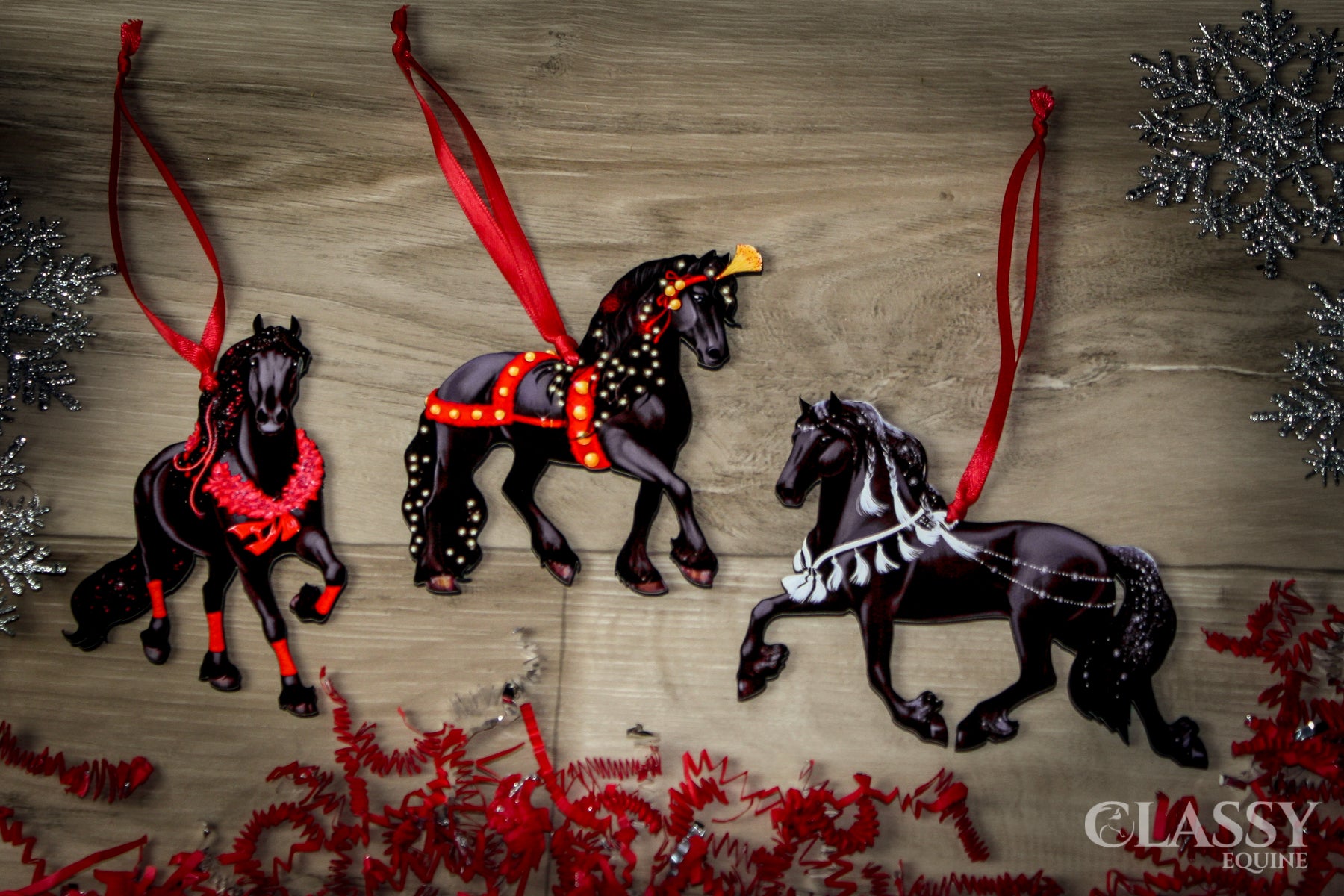 A full set of three black Friesian horse Christmas ornaments, beautifully crafted from composite wood with intricate laser-cut designs.