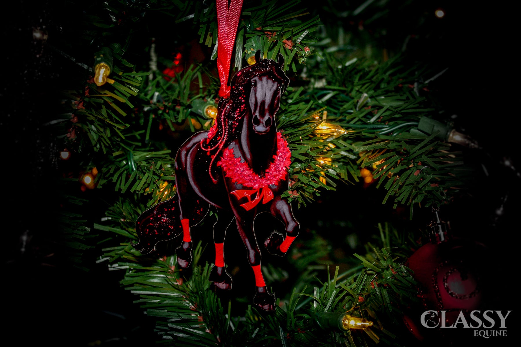 A full set of three black Friesian horse Christmas ornaments, beautifully crafted from composite wood with intricate laser-cut designs.