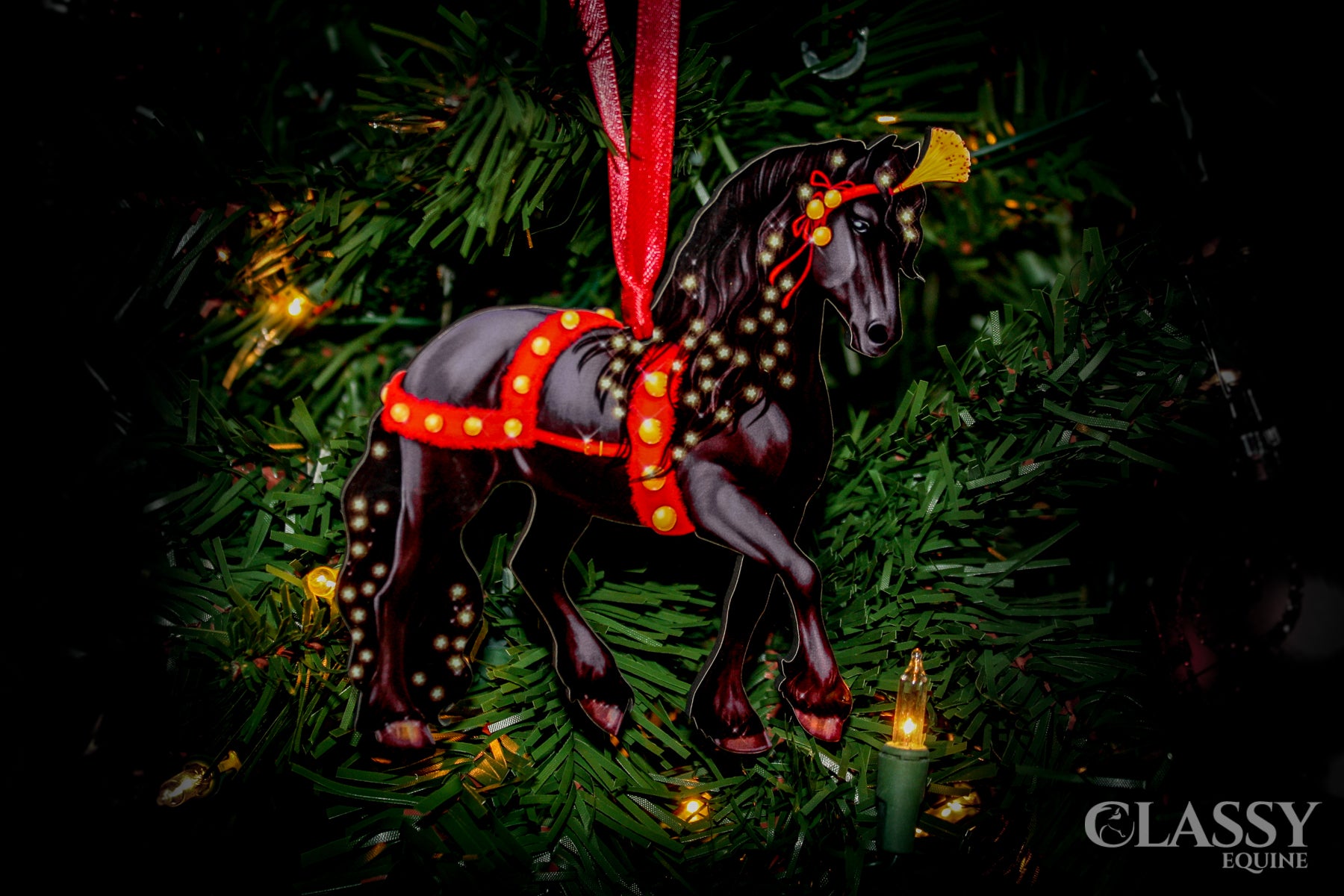 A full set of three black Friesian horse Christmas ornaments, beautifully crafted from composite wood with intricate laser-cut designs.