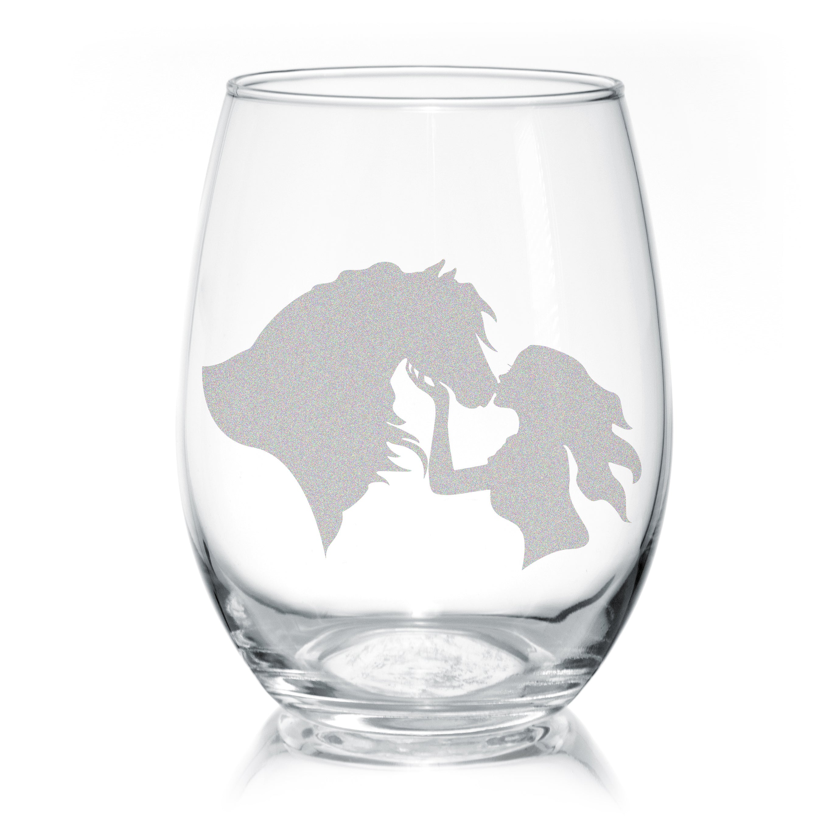 Set of Horse Girl Kisses stemless wine glasses with elegant engravings, perfect for wine lovers and horse enthusiasts.