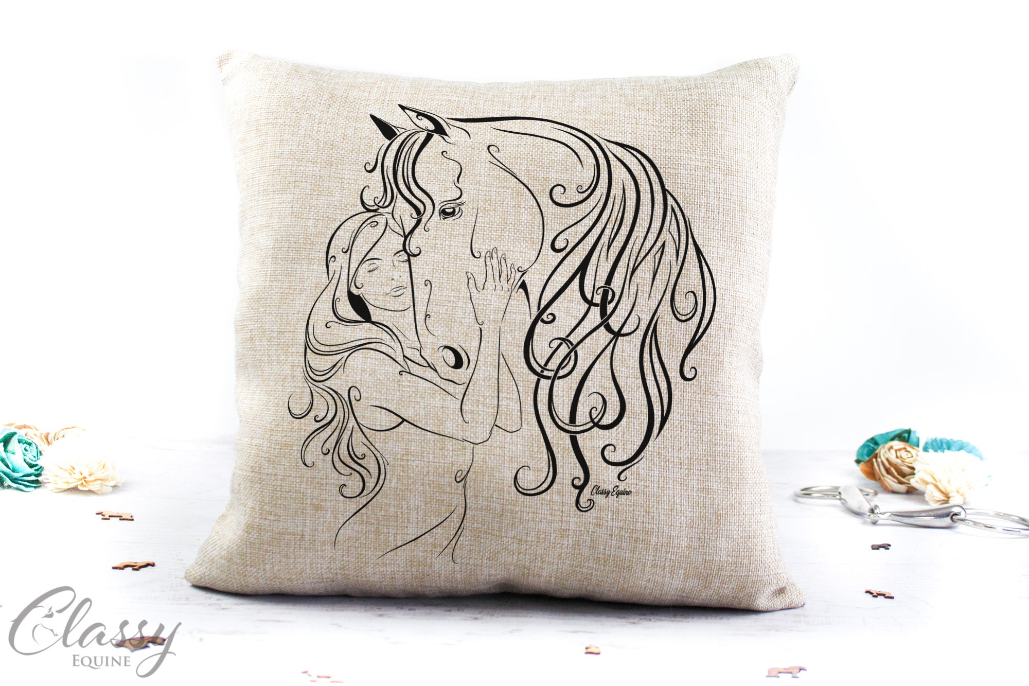 A 16x16 faux burlap pillow cover featuring the phrase 'Horse Girl Dreams Come True', perfect for horse lovers.