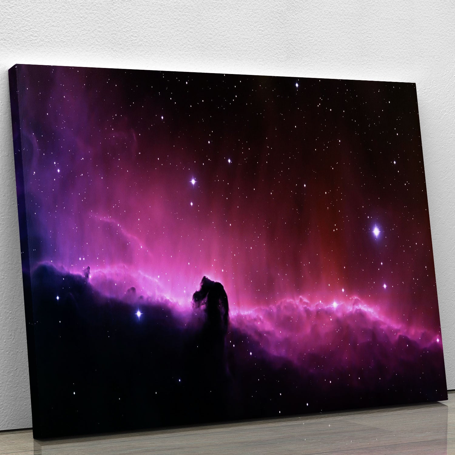 A stunning canvas print featuring a horse head against a vibrant sky, showcasing intricate details and rich colors.