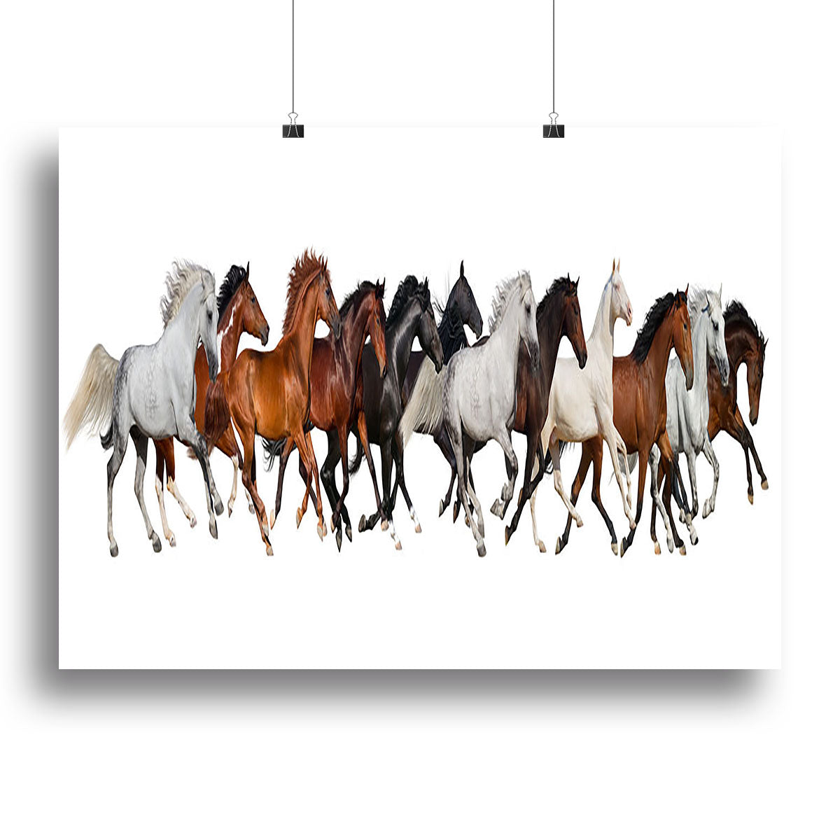 A beautiful canvas print featuring a herd of horses running freely in a natural setting, showcasing their grace and power.