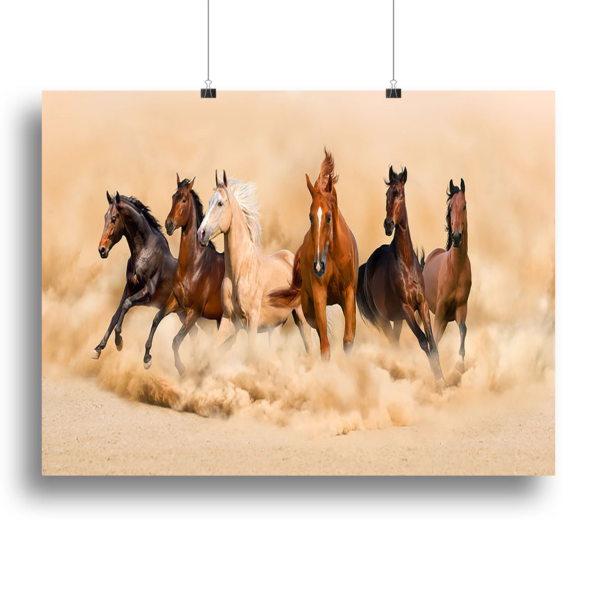 A breathtaking canvas print of a horse herd running through a desert during a sand storm, showcasing dynamic movement and natural beauty.