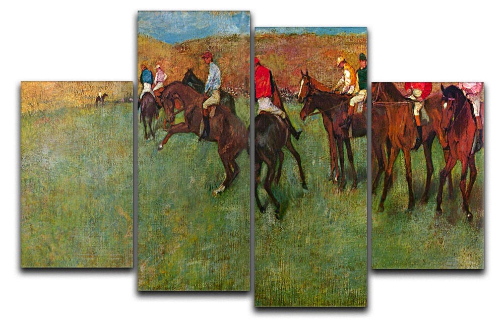 A 4-split canvas artwork depicting a horse race scene by Degas, showcasing dynamic movement and excitement across four panels.