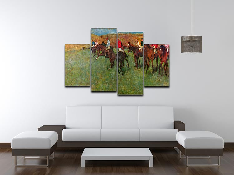A 4-split canvas artwork depicting a horse race scene by Degas, showcasing dynamic movement and excitement across four panels.