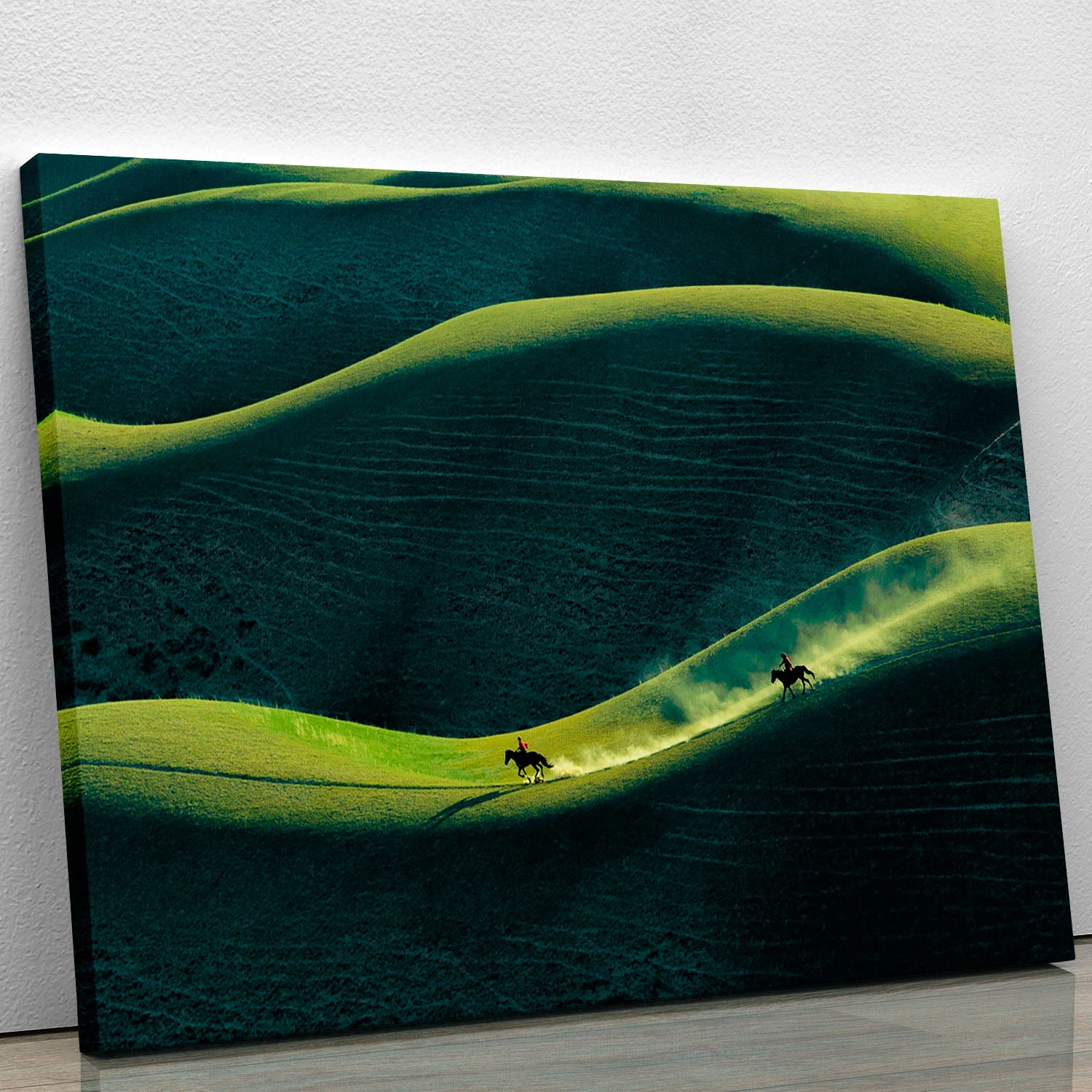 A beautiful canvas print depicting a horse rider in the hills, showcasing the elegance and freedom of equestrian life.