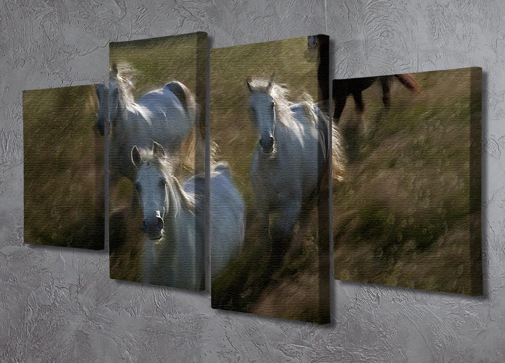 A stunning 4-panel canvas artwork depicting galloping horses in motion, showcasing vibrant colors and dynamic design.