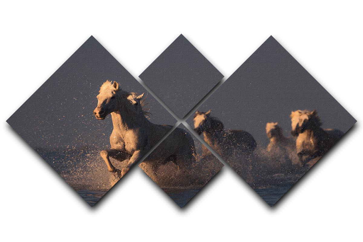 A beautiful multi-panel canvas artwork featuring horses in a sunset, divided into four equal square sections.