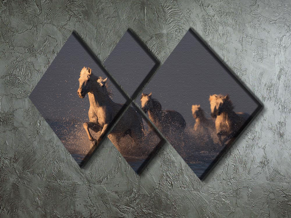 A beautiful multi-panel canvas artwork featuring horses in a sunset, divided into four equal square sections.