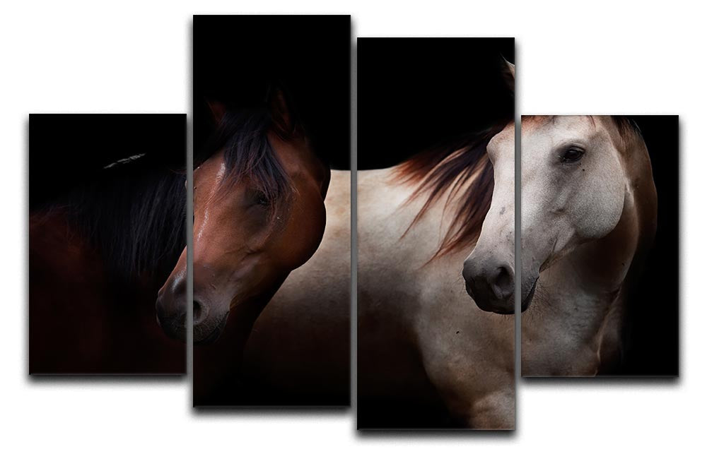 A stunning 4-split canvas artwork featuring horses in a dark setting, creating a dynamic visual effect.