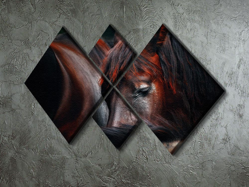 A beautiful multi-panel canvas artwork featuring horses sleeping in a huddle, divided into four equal square sections.