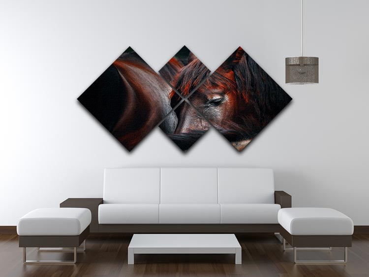 A beautiful multi-panel canvas artwork featuring horses sleeping in a huddle, divided into four equal square sections.