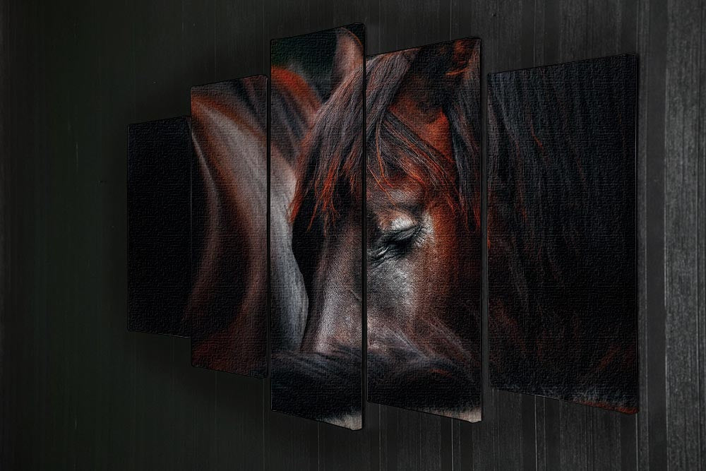 A beautiful 5-split panel canvas artwork depicting horses sleeping in a huddle, showcasing serene colors and intricate details.