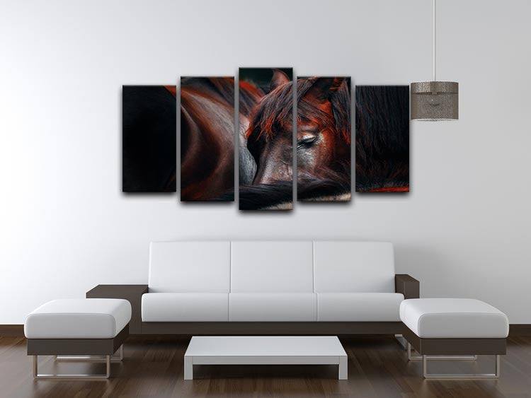 A beautiful 5-split panel canvas artwork depicting horses sleeping in a huddle, showcasing serene colors and intricate details.