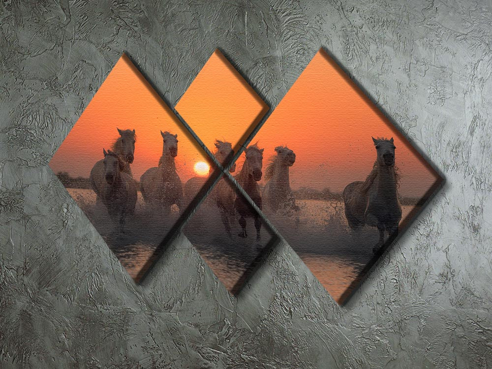 A beautiful multi-panel canvas artwork featuring horses against a vibrant sunset in the Camargue region, divided into four equal squares.