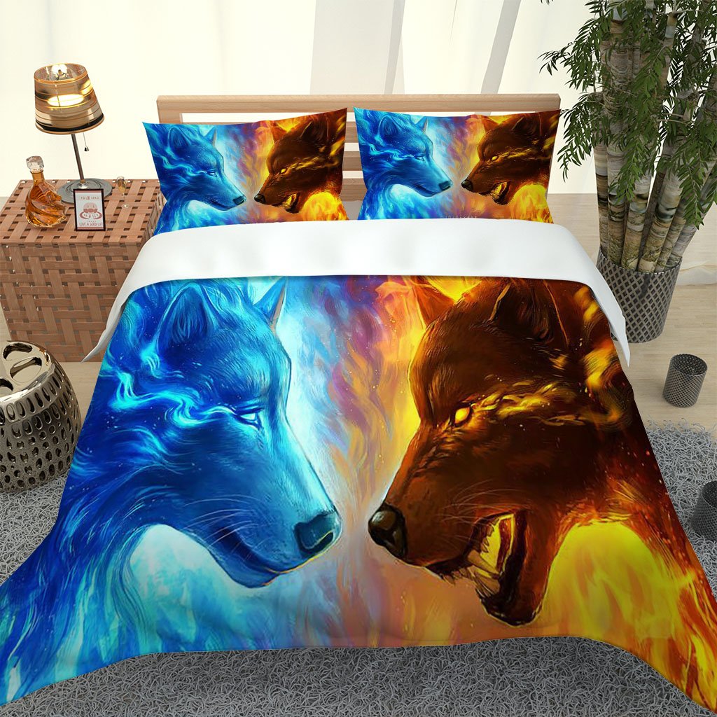 Hot 3D Printed Wolf Bedding Set featuring a vibrant wolf design on a quilt cover and matching pillowcases, perfect for modern bedroom decor.