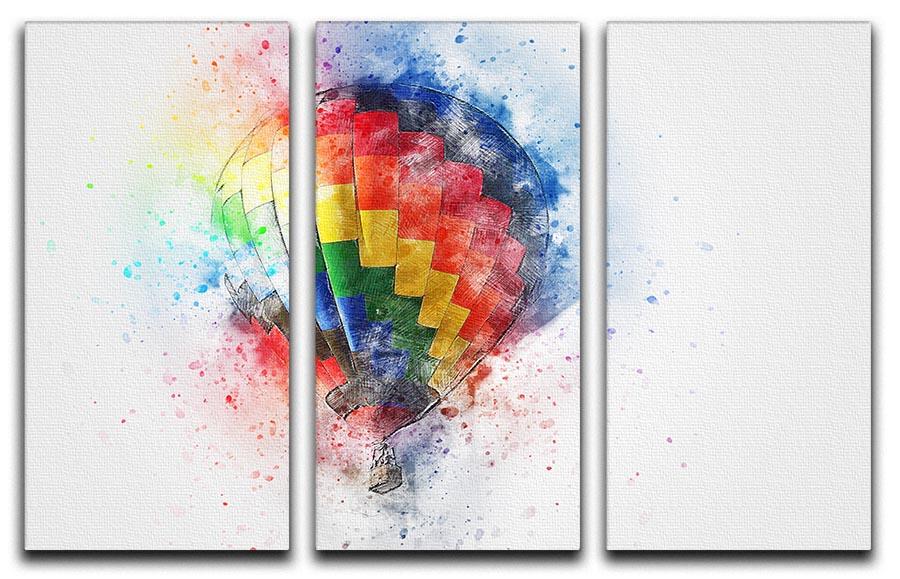 A vibrant 3-panel canvas print featuring colorful hot air balloons against a bright sky, perfect for home decor.
