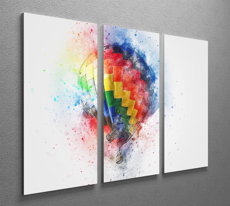 A vibrant 3-panel canvas print featuring colorful hot air balloons against a bright sky, perfect for home decor.