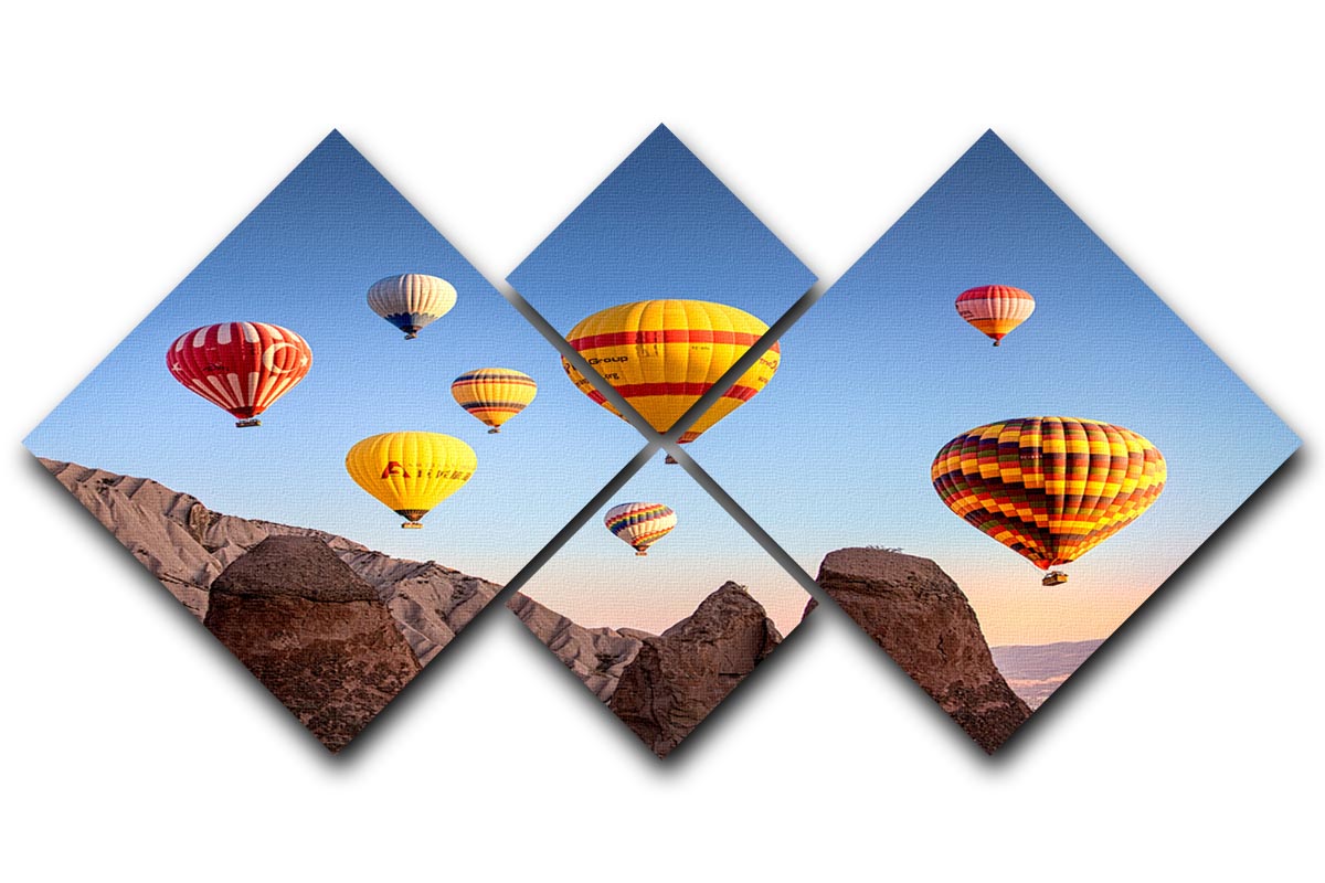 A vibrant multi-panel canvas artwork featuring colorful hot air balloons, divided into four equal square sections, ideal for home decor.