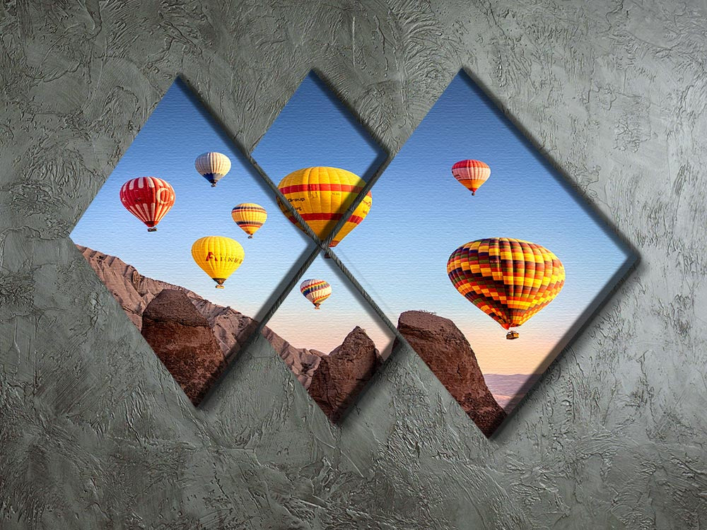 A vibrant multi-panel canvas artwork featuring colorful hot air balloons, divided into four equal square sections, ideal for home decor.
