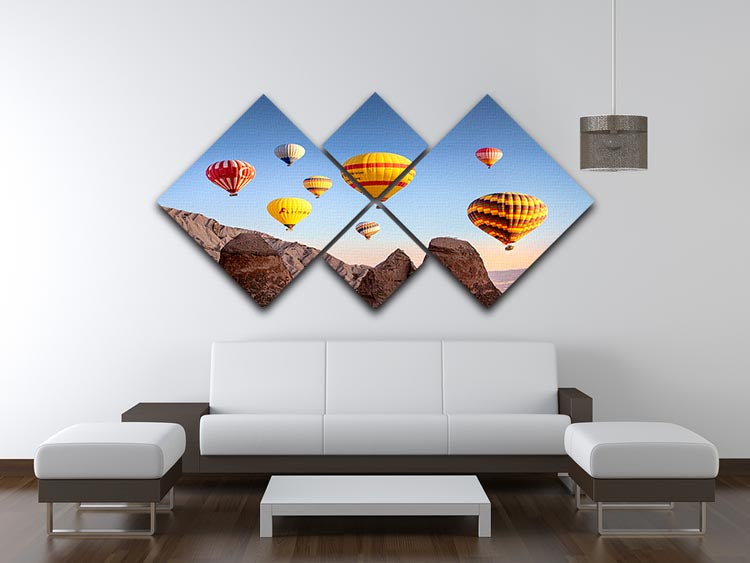 A vibrant multi-panel canvas artwork featuring colorful hot air balloons, divided into four equal square sections, ideal for home decor.