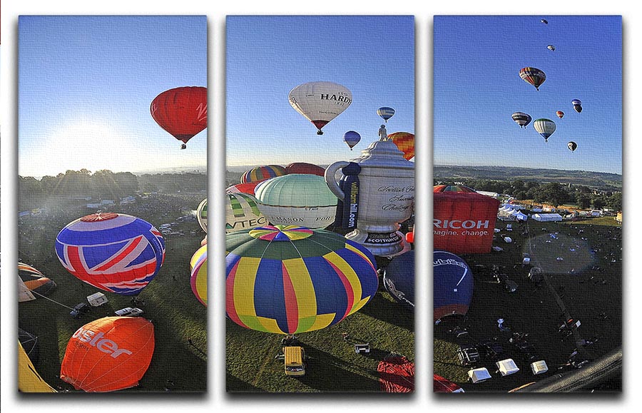 A stunning 3-panel canvas print featuring colorful hot air balloons against a blue sky, perfect for home or office decor.