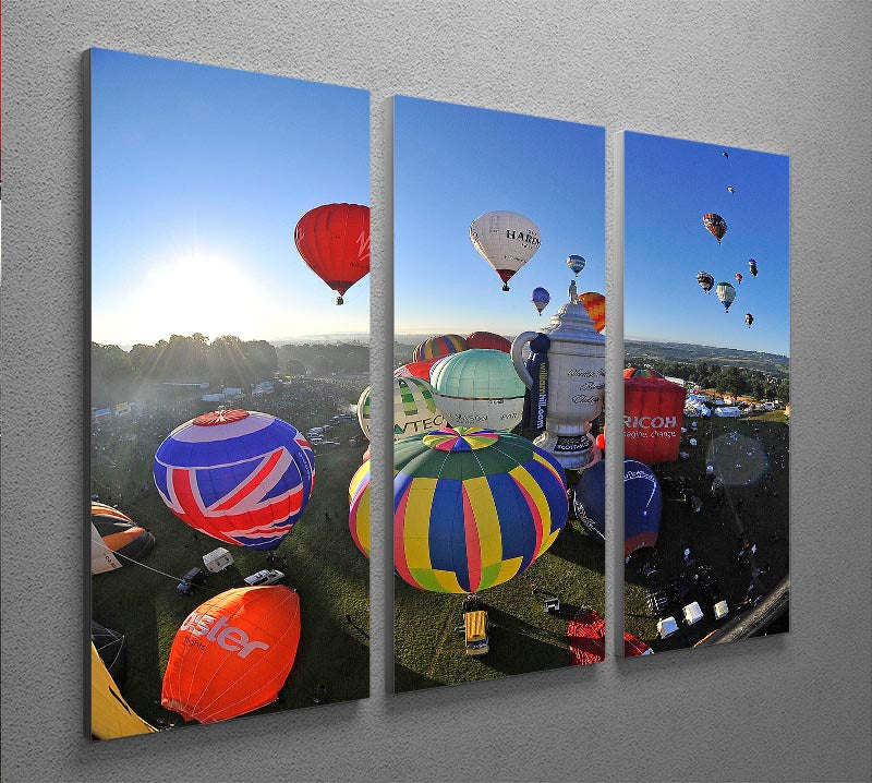 A stunning 3-panel canvas print featuring colorful hot air balloons against a blue sky, perfect for home or office decor.